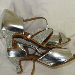 Silver Glitter Latin Ballroom Dance Heels | Strappy Salsa Shoes | Size 42